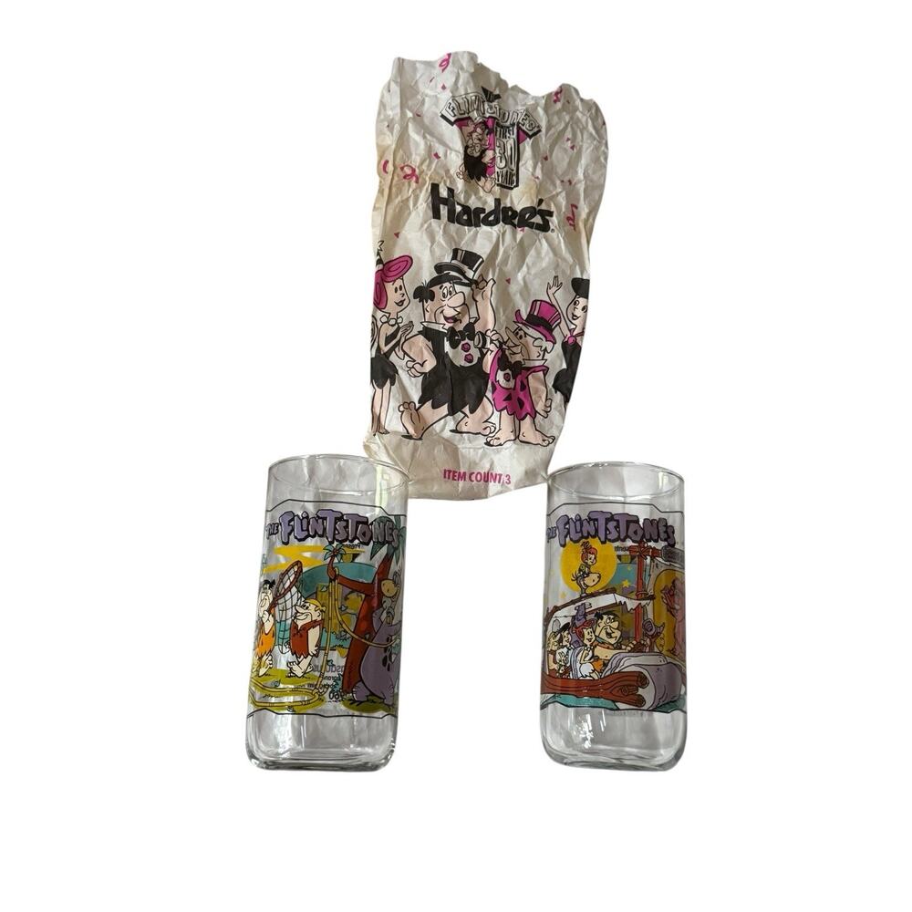 VTG 1991 The Flintstones Hardees Glasses + 1 Original Bags 30 Years Barney Bam